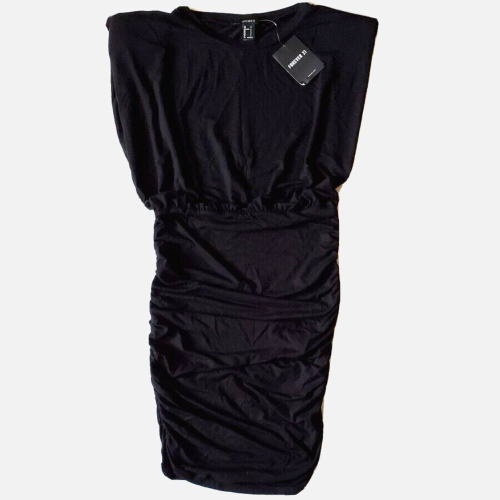 NEW DRESS FOREVER 21 BLACK SIZE S NEW WITH TAG RUCHED PADDED SHOULDERS